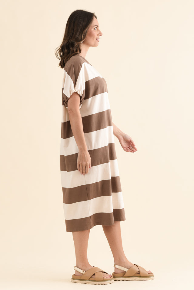 Rocco Chocolate Stripe Cotton Pocket Dress,Side,Brunette model,alt text|model:MJ image 3