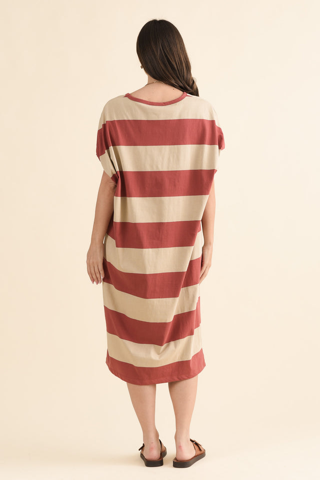 Rocco Coral Stripe Cotton Pocket Dress,Back,Brunette model,alt text|model:MJ image 4