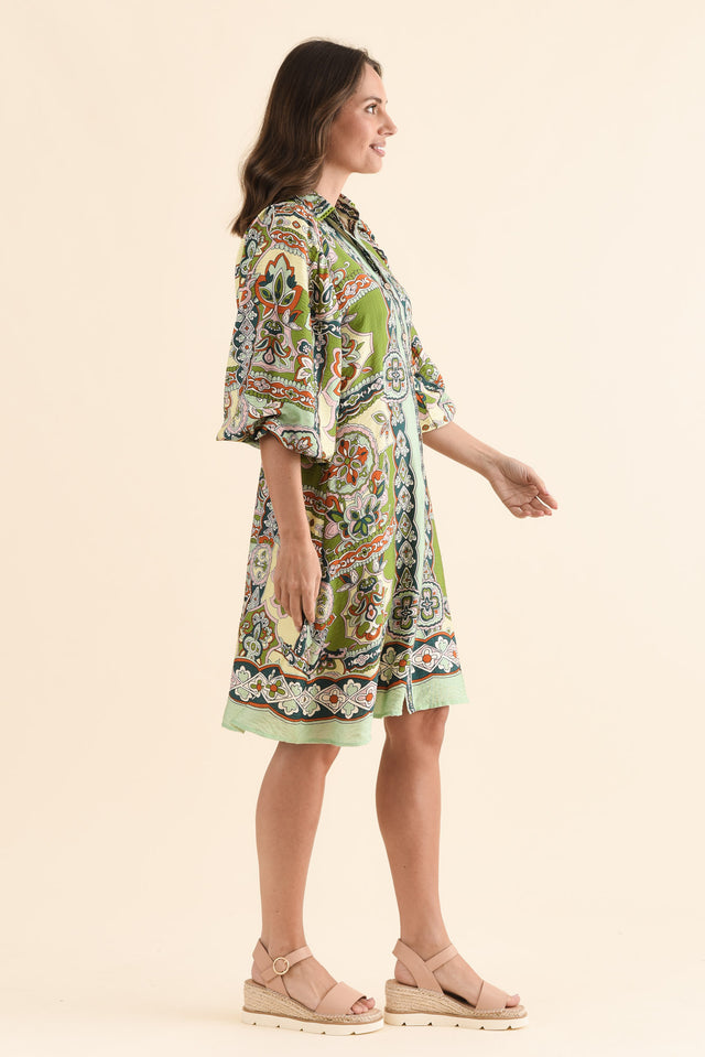 Romeo Green Mosaic Tie Dress,Side,Brunette model,alt text|model:MJ image 3