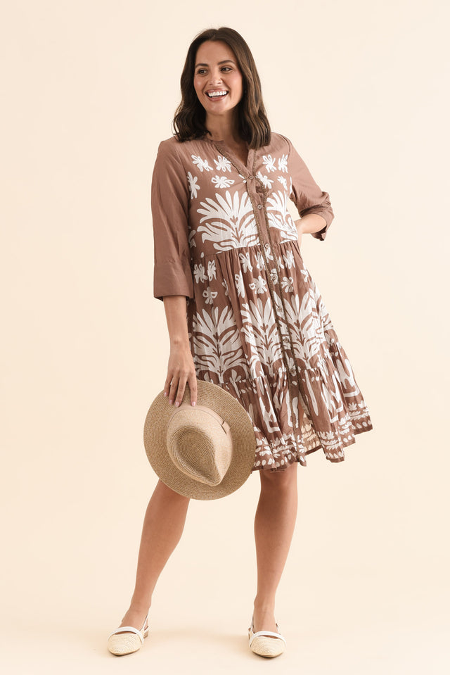 Romy Mocha Beach Crinkle Cotton Dress,Front,Brunette model,alt text|model:MJ
