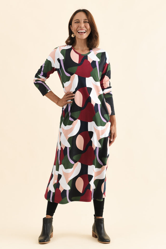 Ronja Red Abstract Cotton Pocket Dress,Full Body,Brunette model,alt text|model:Cara image 8