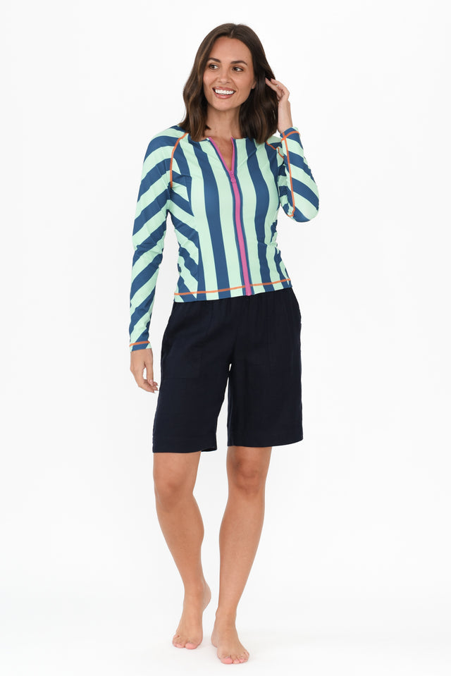 Rosa Blue Stripe Zip Rash Vest,Brunette model,alt text|model:MJ image 7