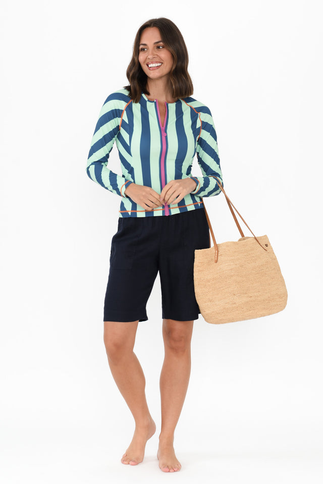 Rosa Blue Stripe Zip Rash Vest,Brunette model,alt text|model:MJ image 3