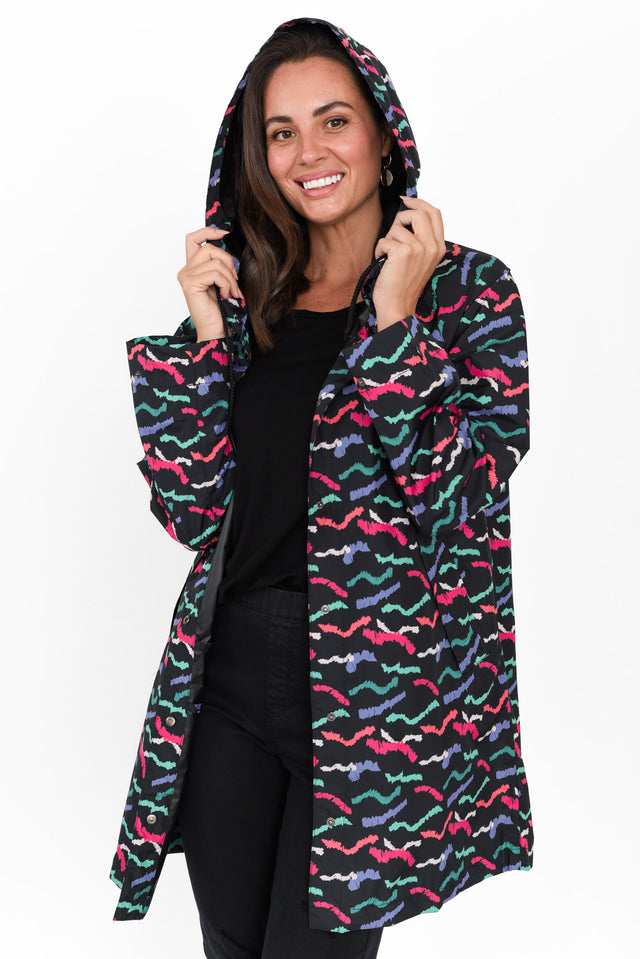 Rosie Black Abstract Hooded Raincoat image 4