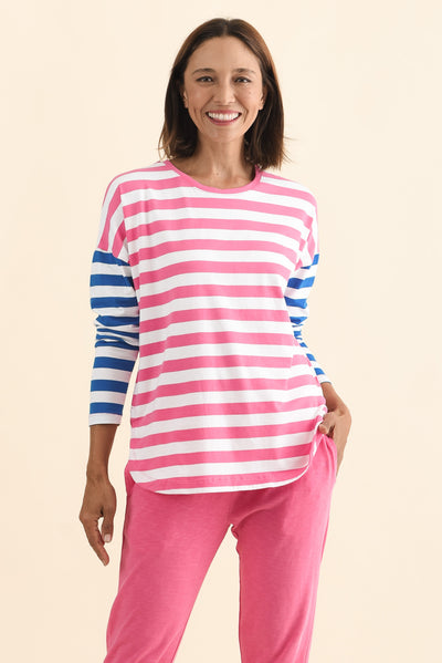 Rouge Pink Stripe Cotton Long Sleeve Tee,Brunette model,alt text|model:Cara