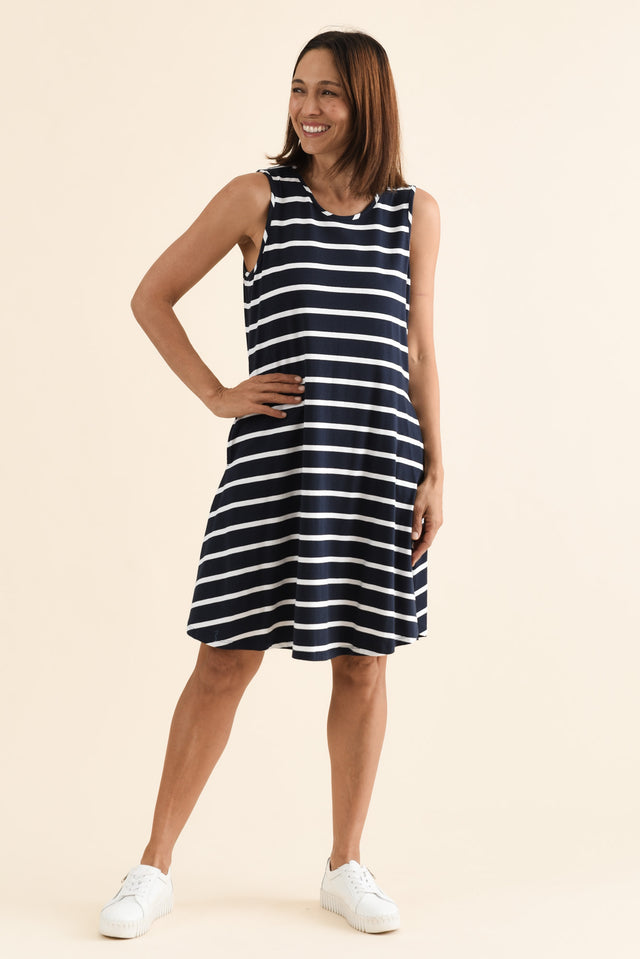 Roxanne Indigo Stripe Swing Dress,Full Body,Brunette model,alt text|model:Cara image 7