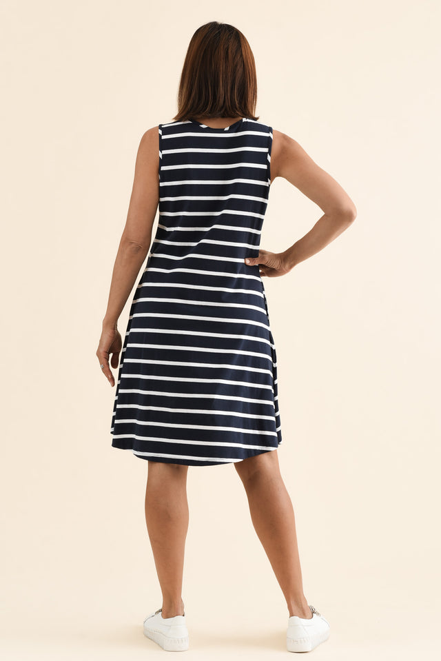 Roxanne Indigo Stripe Swing Dress,Back,Brunette model,alt text|model:Cara image 5