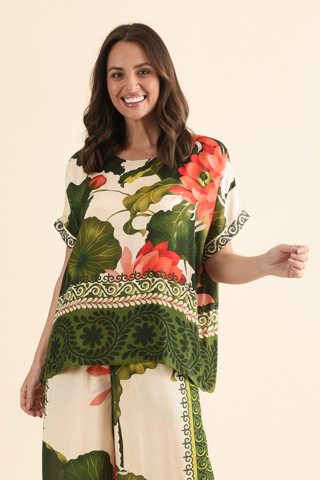 Roza Green Flower Half Sleeve Top,Front,Brunette model,alt text|model:MJ image 1