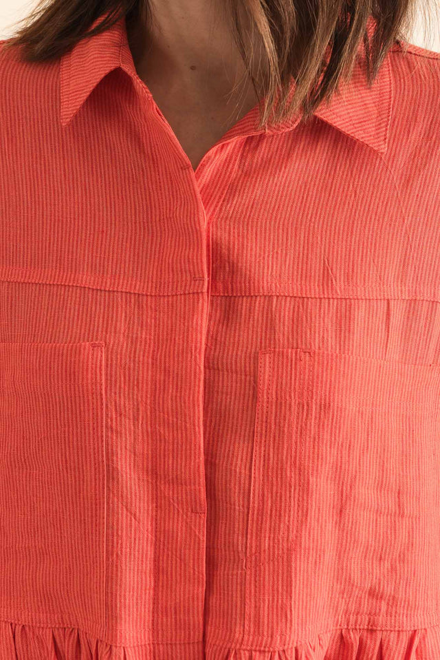Ruben Orange Stripe Linen Shirt Dress,Detail,Brunette model,alt text|model:Cara image 5