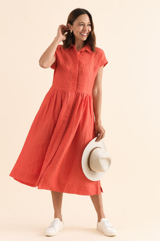 Ruben Orange Stripe Linen Shirt Dress,Front,Brunette model,alt text|model:Cara image 1