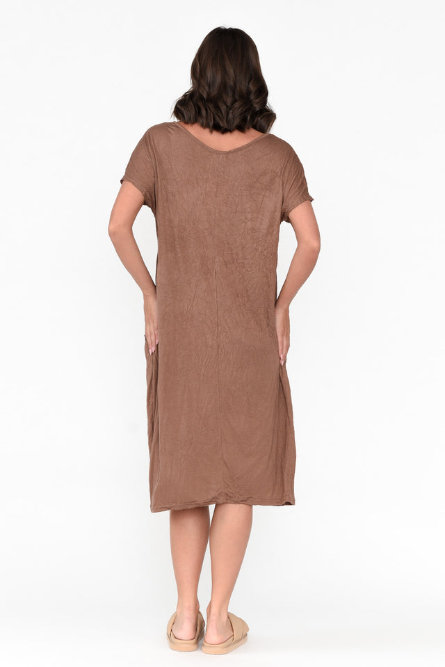 Brown Pocket Crinkle Cotton Midi Dress image 4