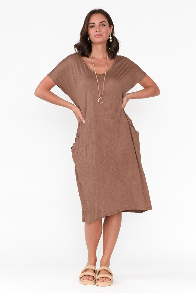 Brown Pocket Crinkle Cotton Midi Dress image 5