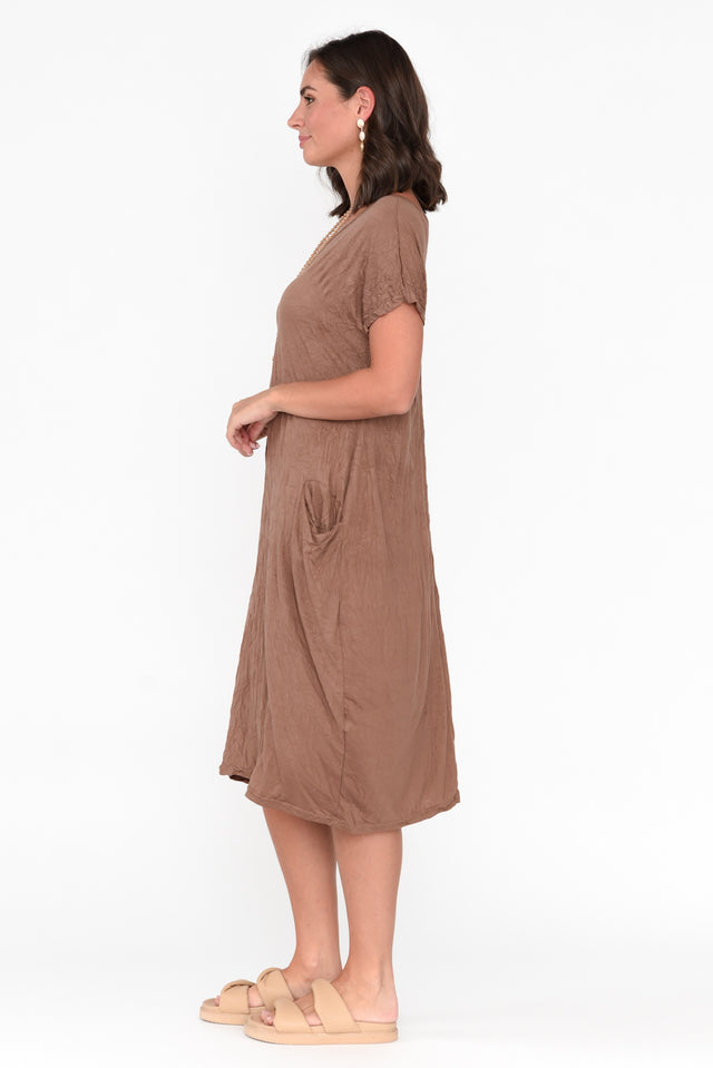 Brown Pocket Crinkle Cotton Midi Dress image 3