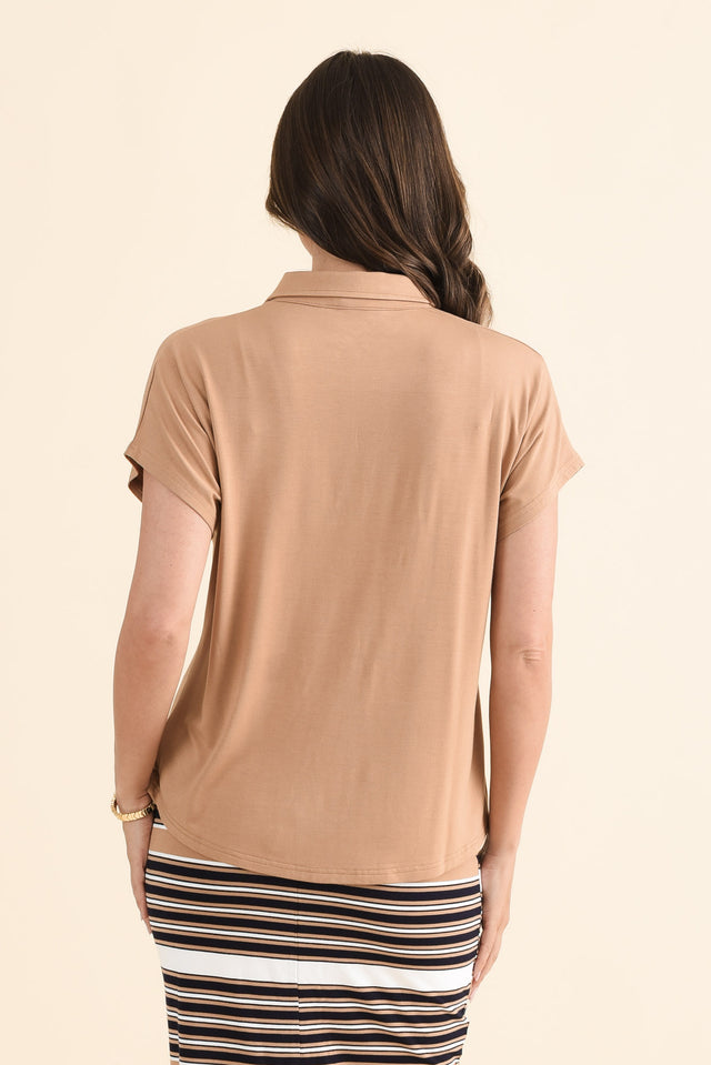 Rush Tan Bamboo Polo Top,Back,Brunette model,alt text|model:MJ image 4