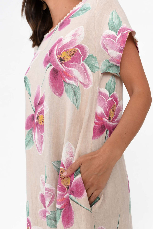 Ryker Beige Floral Linen Pocket Dress