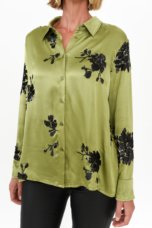 Sabelle Khaki Flower Sequin Shirt image 6