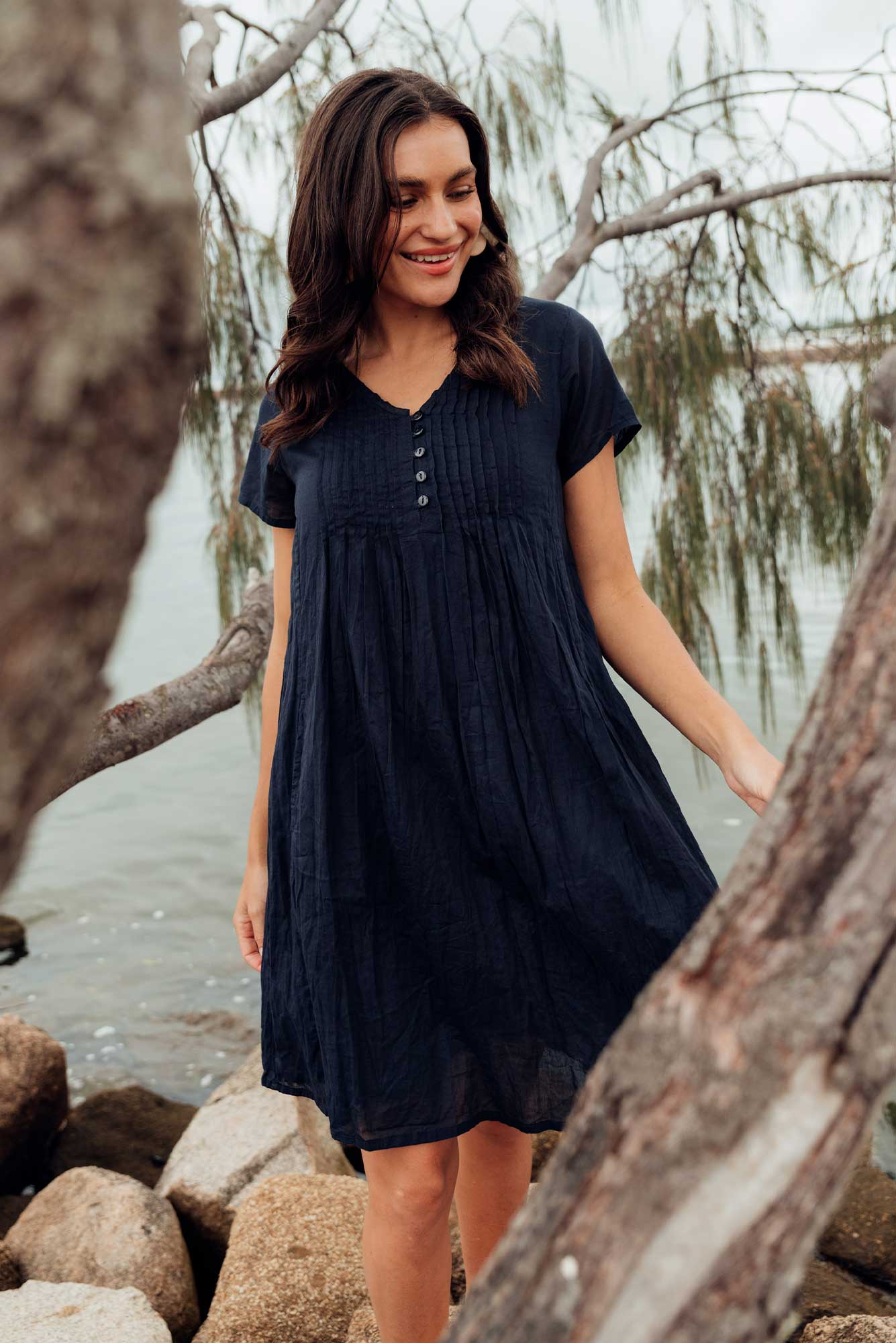 Sabina Navy Crinkle Cotton Dress - Blue Bungalow AU Sabina Navy Crinkle Cotton Dress - Blue Bungalow AU