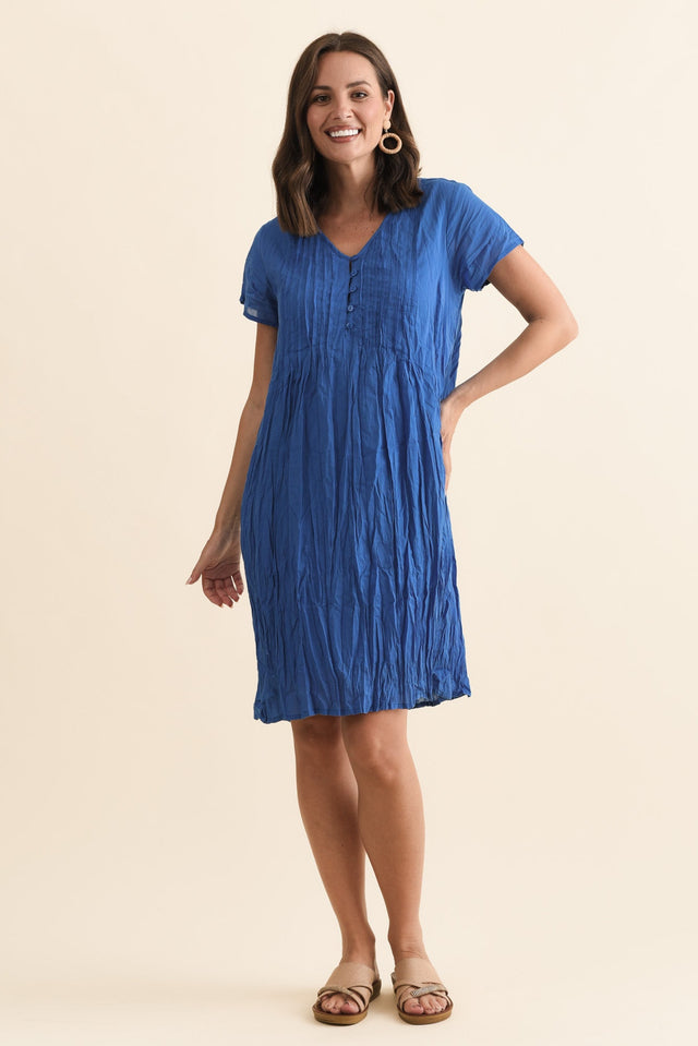 Sabina Blue Crinkle Cotton Dress,Brunette model,alt text|model:MJ image 3