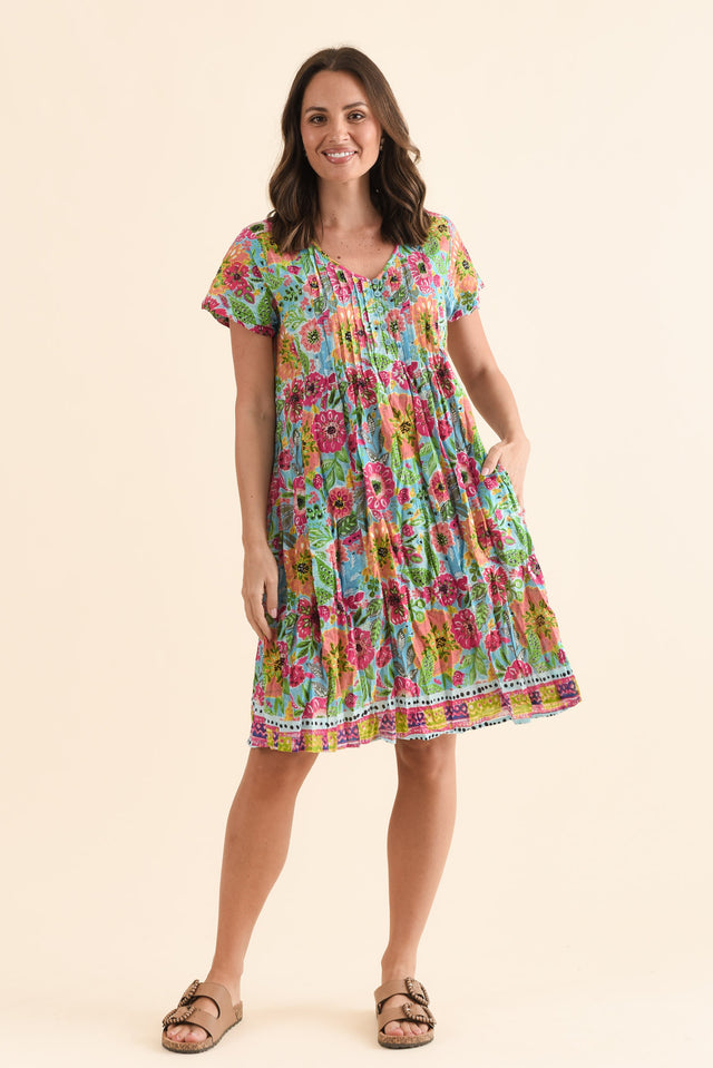 Sabina Blue Garden Crinkle Cotton Dress,Full Body,Brunette model,alt text|model:MJ image 2