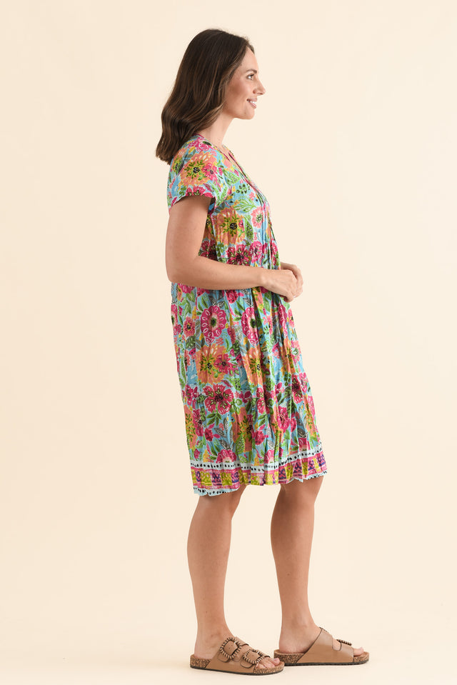 Sabina Blue Garden Crinkle Cotton Dress,Side,Brunette model,alt text|model:MJ image 3