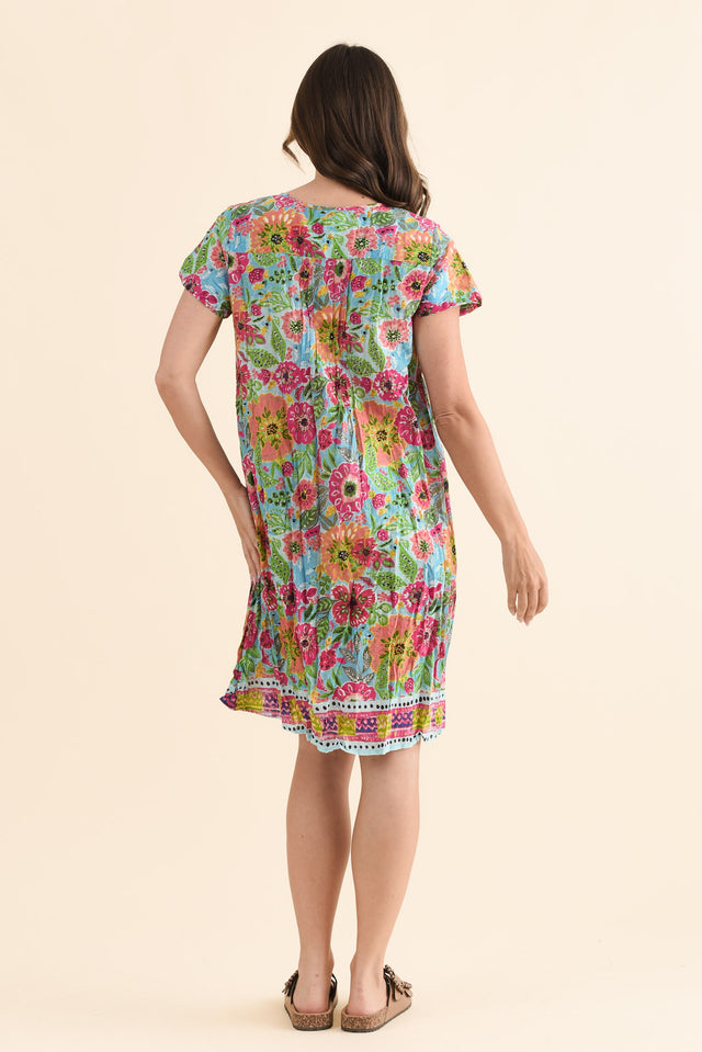 Sabina Blue Garden Crinkle Cotton Dress,Back,Brunette model,alt text|model:MJ image 4