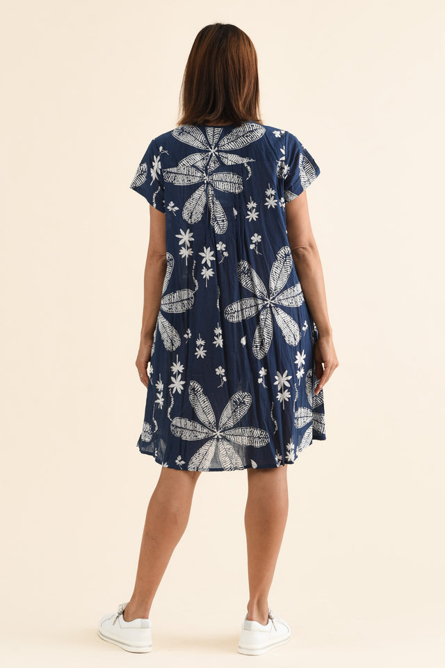 Sabina Navy Flower Crinkle Cotton Dress,Back,Brunette model,alt text|model:Cara image 4