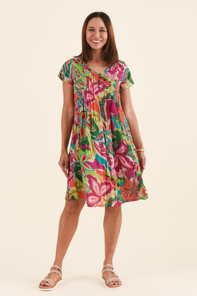 Sabina Fuchsia Botanical Crinkle Cotton Dress,Full Body,Brunette model,alt text|model:Cara image 2