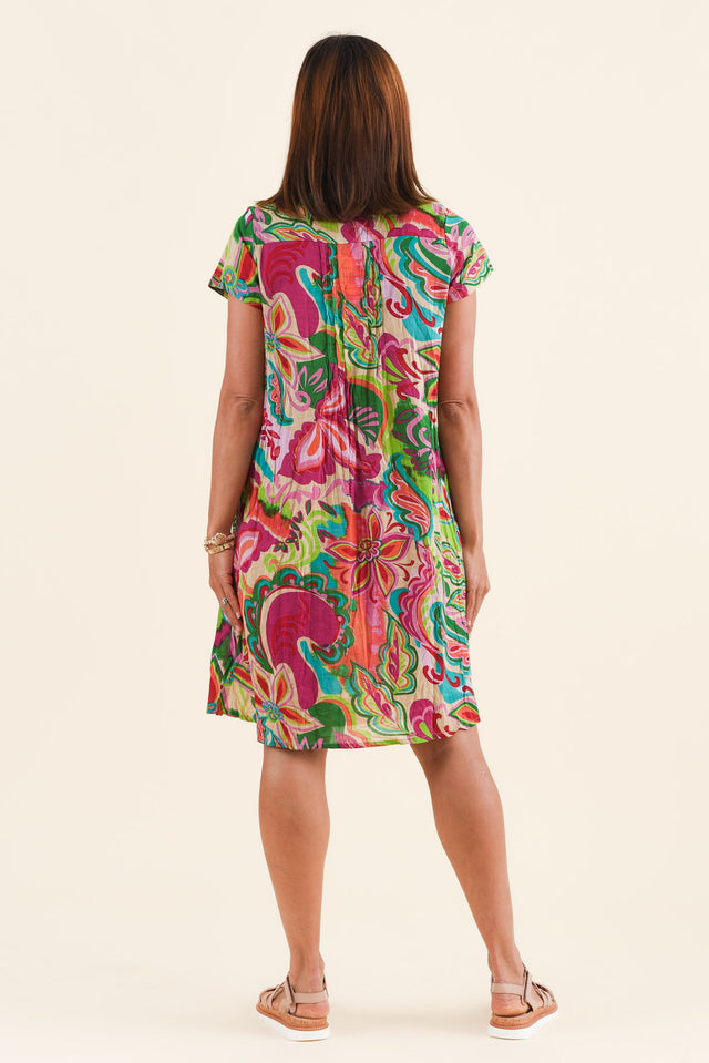 Sabina Fuchsia Botanical Crinkle Cotton Dress,Back,Brunette model,alt text|model:Cara image 4