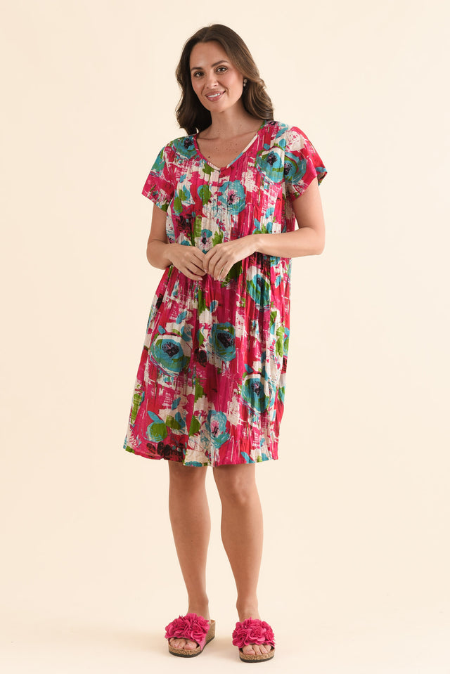 Sabina Fuchsia Flower Crinkle Cotton Dress,Full Body,Brunette model,alt text|model:MJ image 6