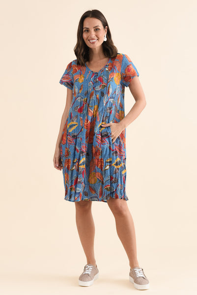 Sabina Orange Leaf Crinkle Cotton Dress