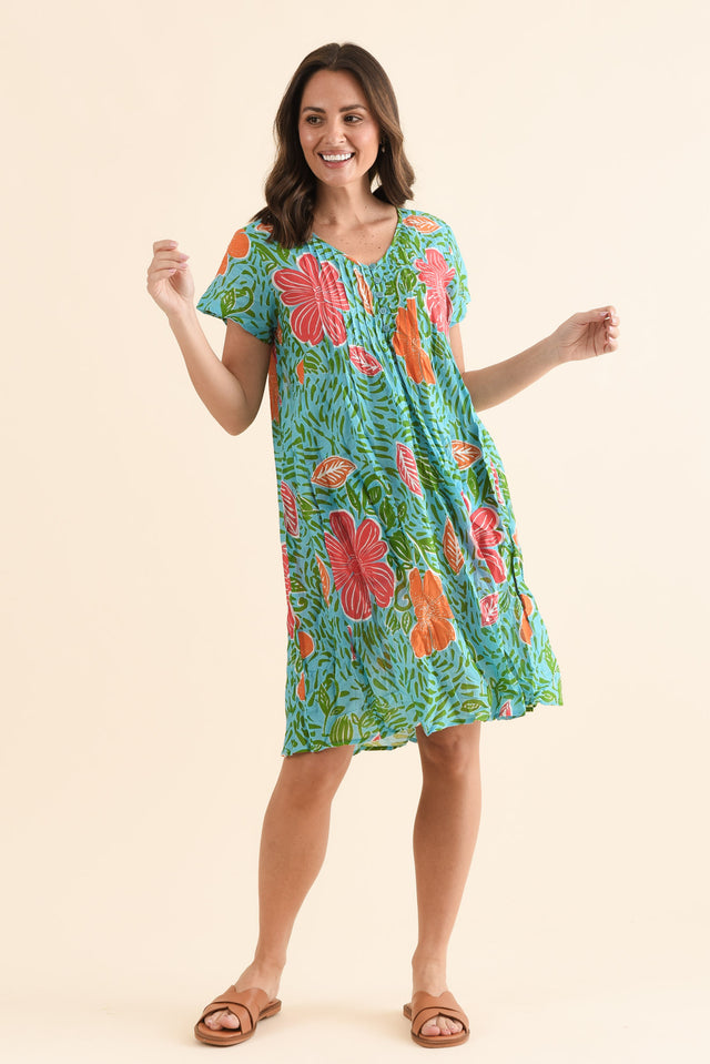 Sabina Pink Tropical Crinkle Cotton Dress,Front,Brunette model,alt text|model:MJ image 1