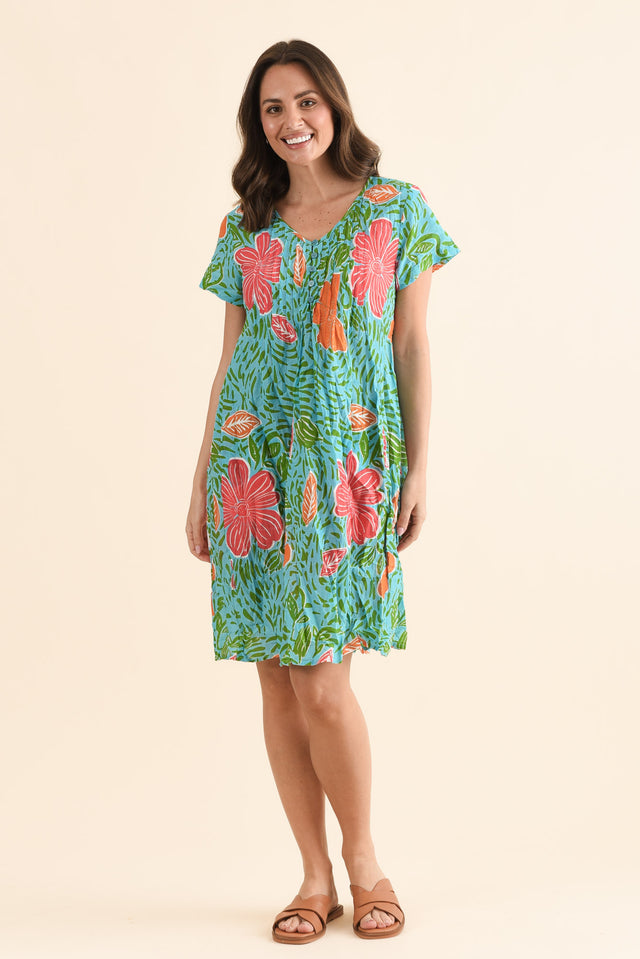 Sabina Pink Tropical Crinkle Cotton Dress,Full Body,Brunette model,alt text|model:MJ image 2