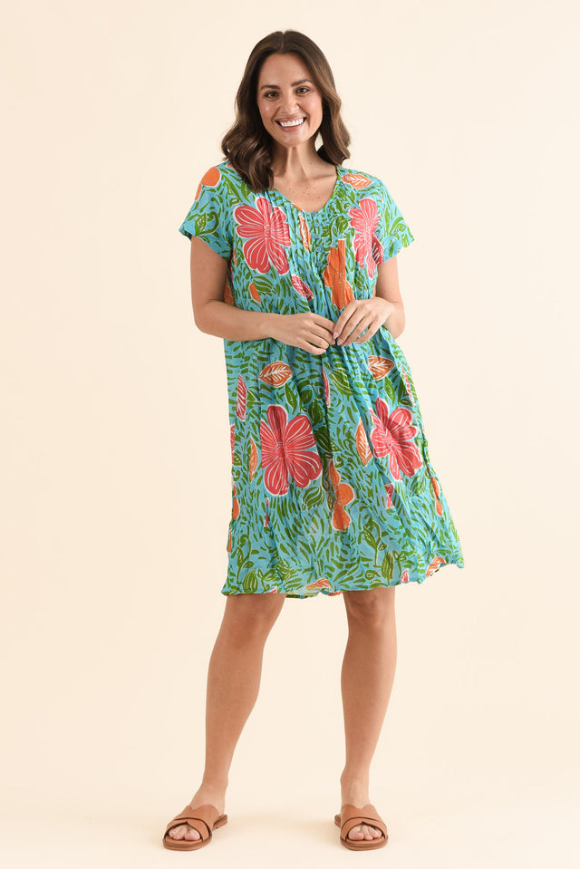Sabina Pink Tropical Crinkle Cotton Dress,Full Body,Brunette model,alt text|model:MJ image 6