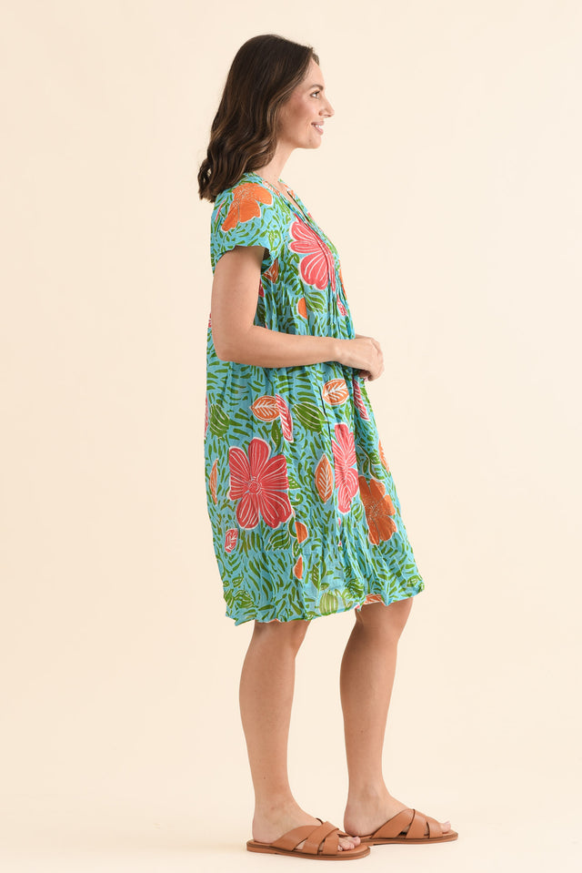 Sabina Pink Tropical Crinkle Cotton Dress,Side,Brunette model,alt text|model:MJ image 3