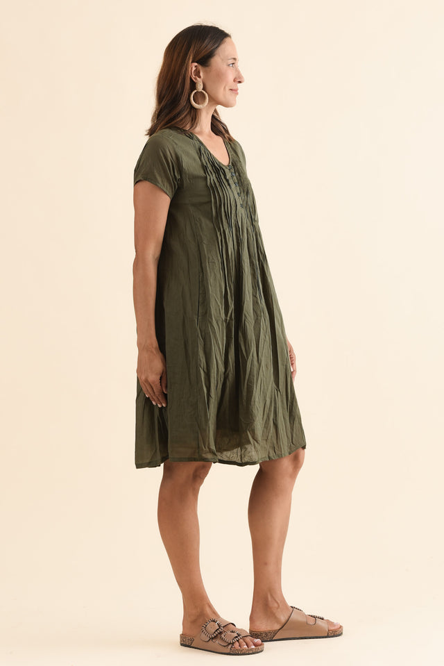 Sabina Sage Crinkle Cotton Dress,Side,Brunette model,alt text|model:Cara image 5