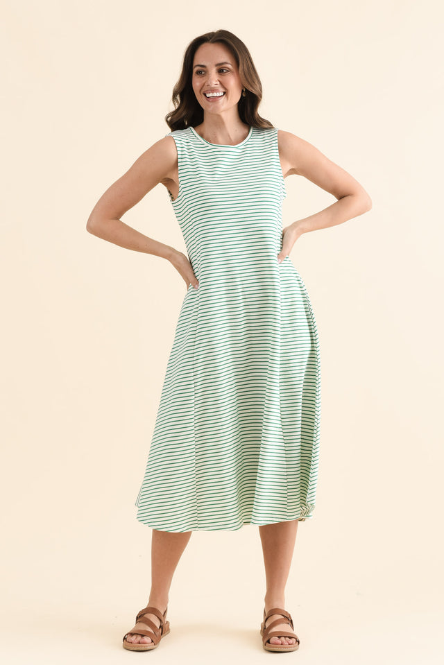 Sabrina Green Stripe Cotton Pocket Dress,Full Body,Brunette model,alt text|model:MJ image 7