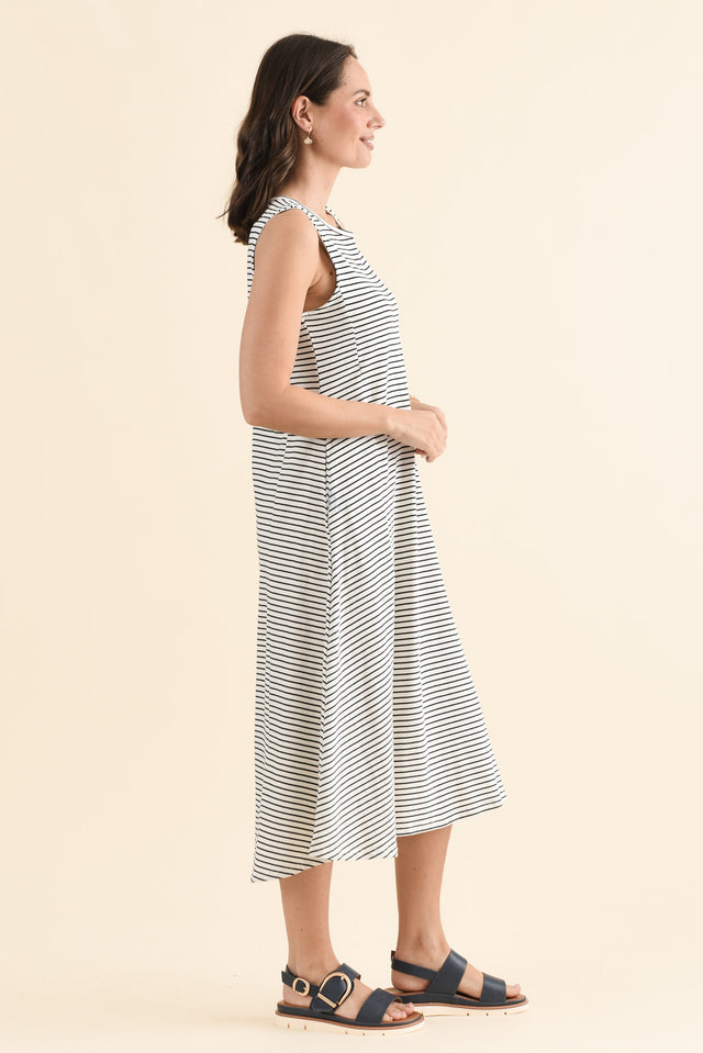 Sabrina Navy Stripe Cotton Pocket Dress,Side,Brunette model,alt text|model:MJ image 4