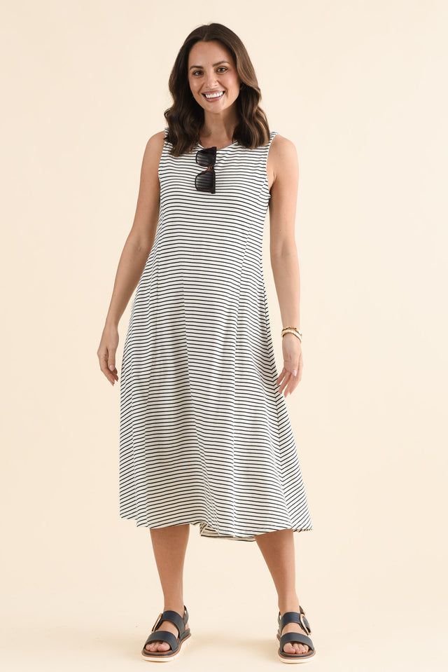 Sabrina Navy Stripe Cotton Pocket Dress,Front,Brunette model,alt text|model:MJ image 1