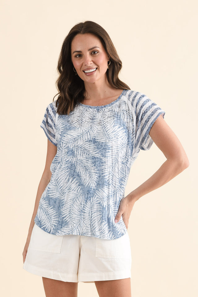 Sail Blue Palm Cotton Blend Tee,Front,Brunette model,alt text|model:MJ image 1