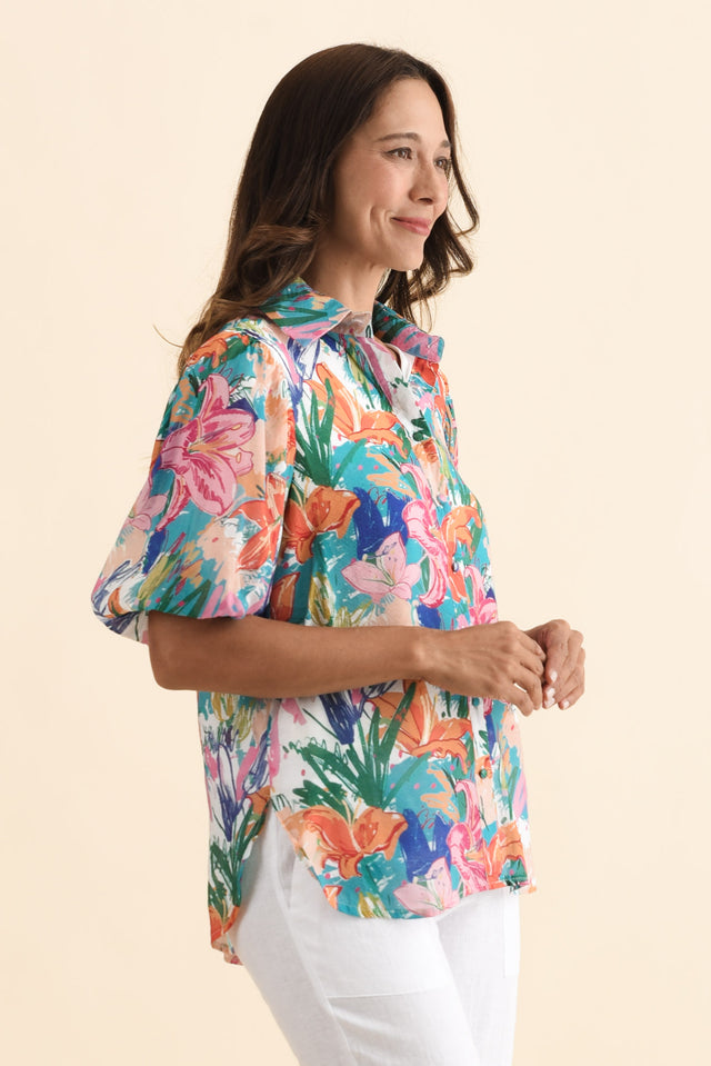 Salma Blue Lily Puff Sleeve Shirt,Brunette model,alt text|model:Cara image 4