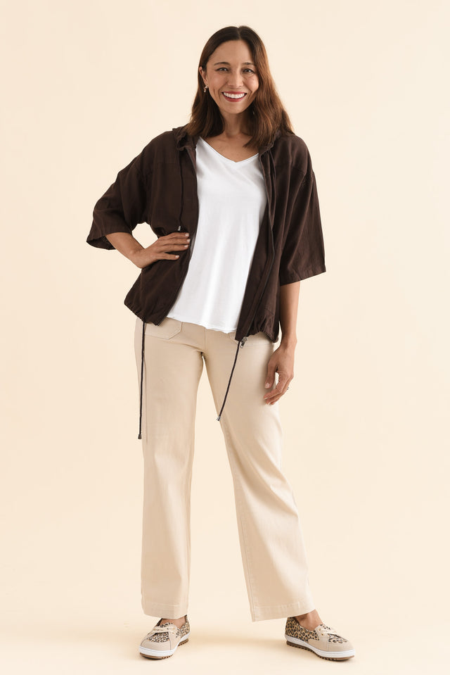 Saltair Chocolate Linen Zip Jacket,Full Body,Brunette model,alt text|model:Cara image 6