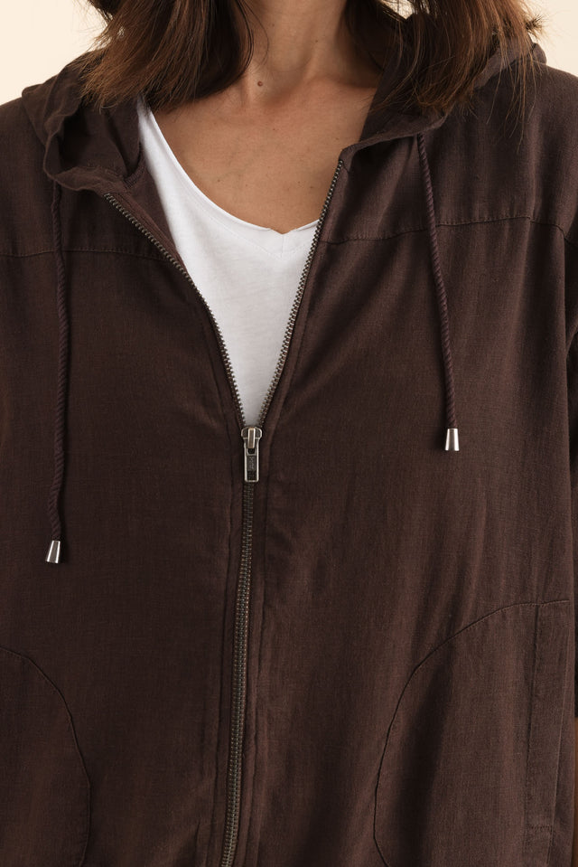 Saltair Chocolate Linen Zip Jacket,Detail,Brunette model,alt text|model:Cara image 5
