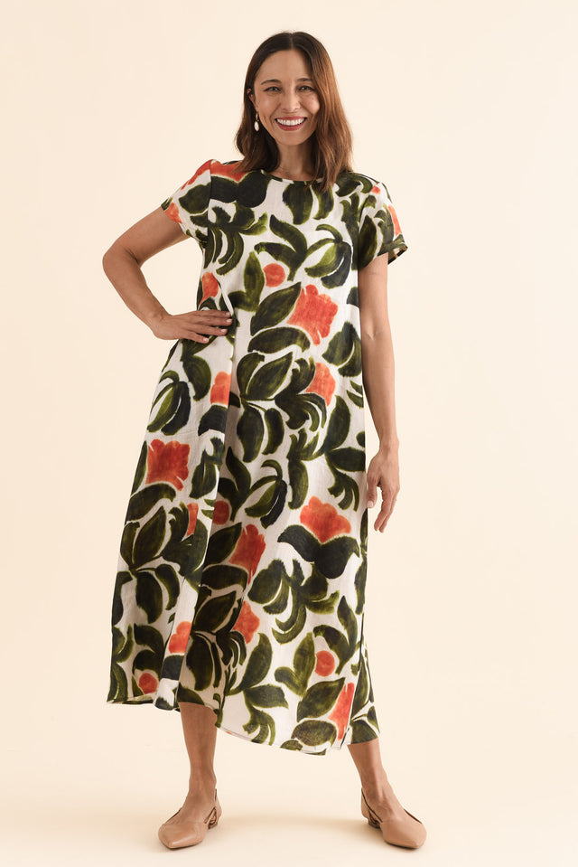 Salute Orange Flower Linen Dress,Full Body,Brunette model,alt text|model:Cara image 2