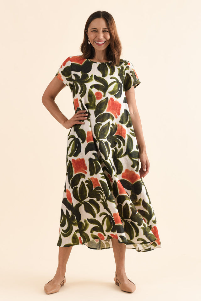 Salute Orange Flower Linen Dress,Full Body,Brunette model,alt text|model:Cara image 6
