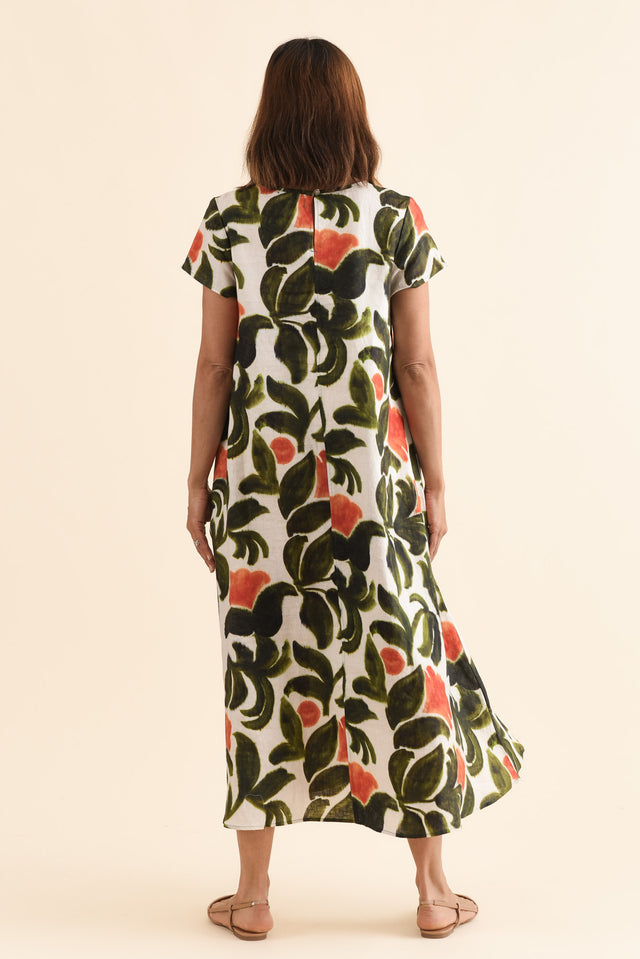 Salute Orange Flower Linen Dress,Back,Brunette model,alt text|model:Cara image 4
