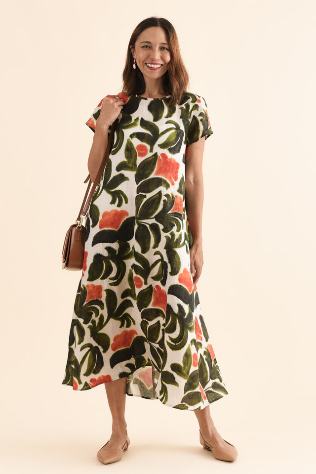Salute Orange Flower Linen Dress,Front,Brunette model,alt text|model:Cara image 1