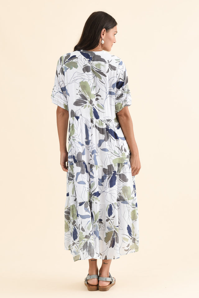 Sambo Blue Garden Button Dress,Back,Brunette model,alt text|model:Brontie image 4