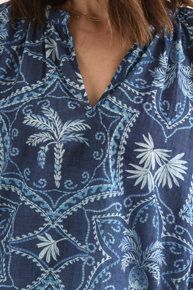 Sanalia Blue Palm Cotton Top,Detail,Brunette model,alt text|model:Cara image 5
