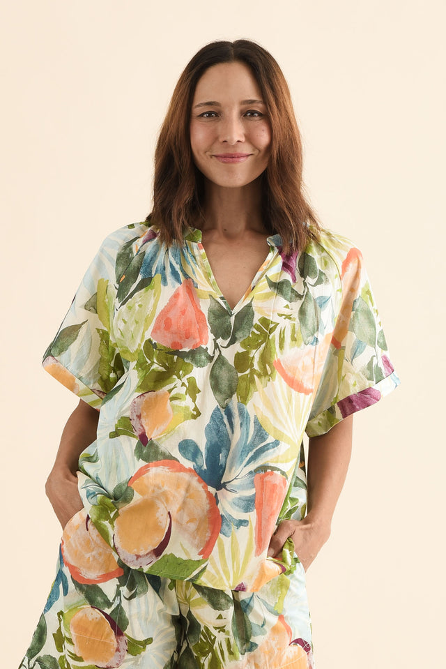 Sanalia Yellow Fruity Cotton Top,Front,Brunette model,alt text|model:Cara image 1