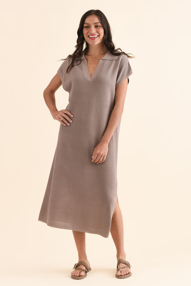 Santaz Taupe Collared Tie Dress,Full Body,Brunette model,alt text|model:Brontie image 6